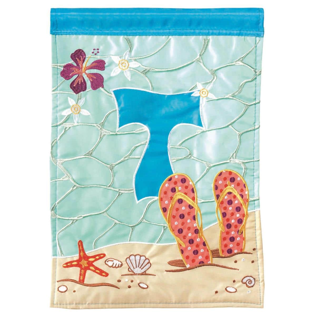 Flip Flop Monogram-T 13x18 double applique garden flag with bright flip flops and bold initial T, displayed on a standard garden flag stand by a front walkway.