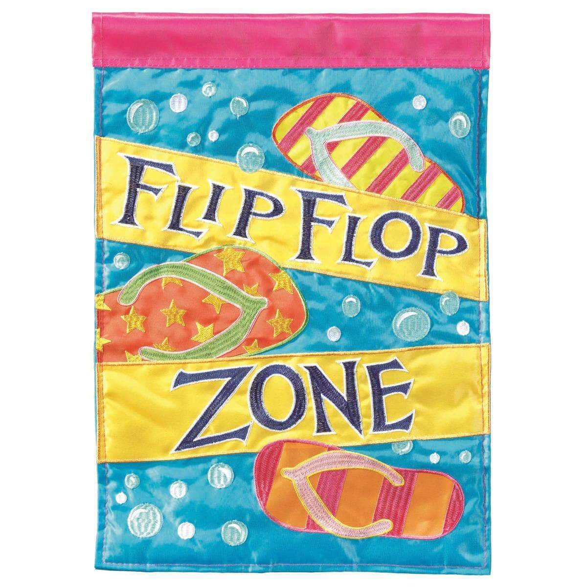 Flip Flop Zone banner flag with vibrant design, intricate embroidery, and durable construction for tropical outdoor decor.