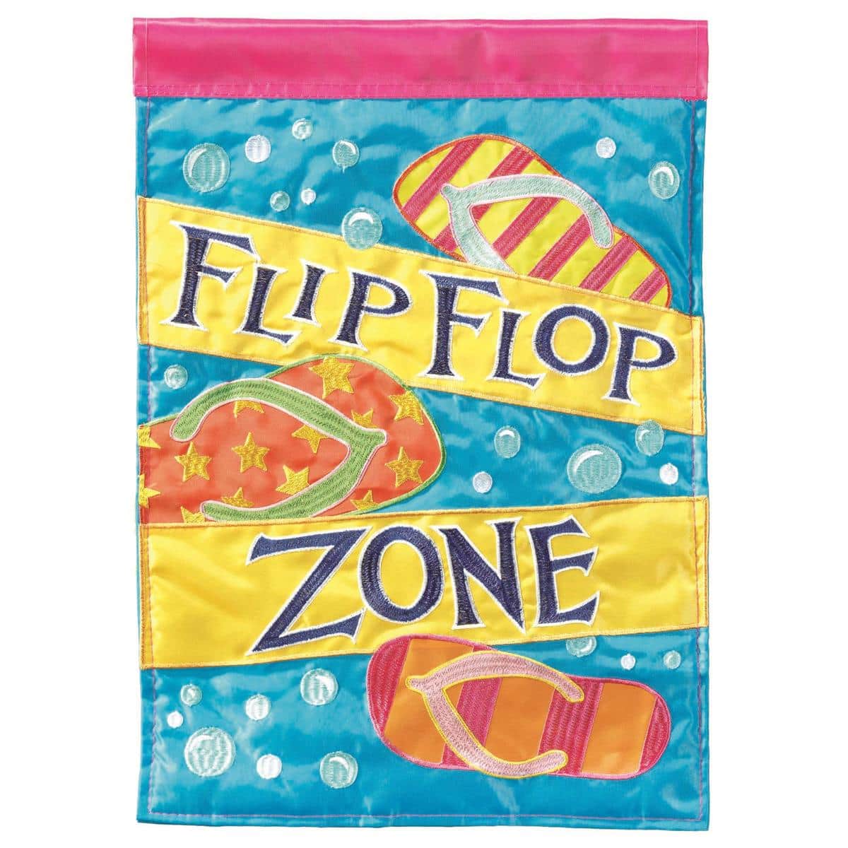 Alt text for main product image: 13x18 Flip Flop Zone garden flag displaying layered double applique flip flop graphics in coastal colors on durable fabric for porch or poolside decor.