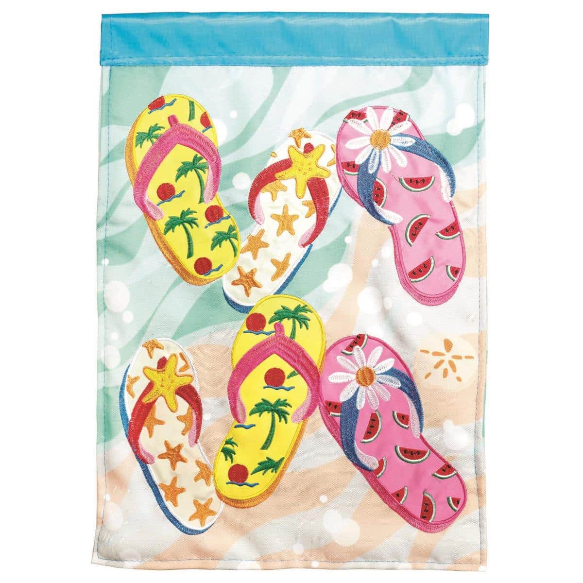 13x18 WaterfrontFlops flip flops garden flag with colorful beach sandals on coastal wood background, double applique details, readable both sides, outdoor yard decor