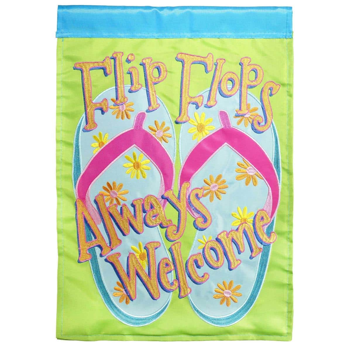 13x18 welcome garden flag with colorful flip flops, beach stripes and double applique textures in WaterfrontFlops style displayed on a garden pole.