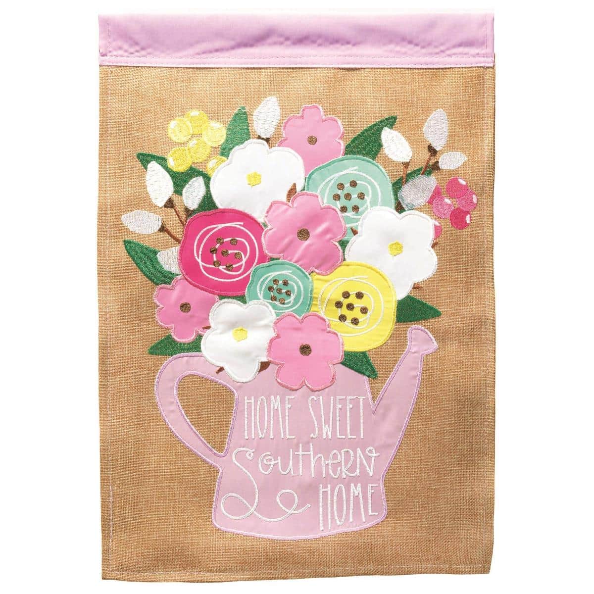 Floral Home Sweet Southern 13x18 double applique garden flag displaying pastel blossoms and script, two sided, on a porch flag stand in a sunny yard.
