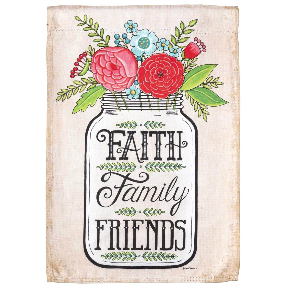 Alt text for the main product image: InspireFlowr 13x18 garden flag showing a printed mason jar filled with pastel wildflowers on a light background with reinforced sleeve for pole display