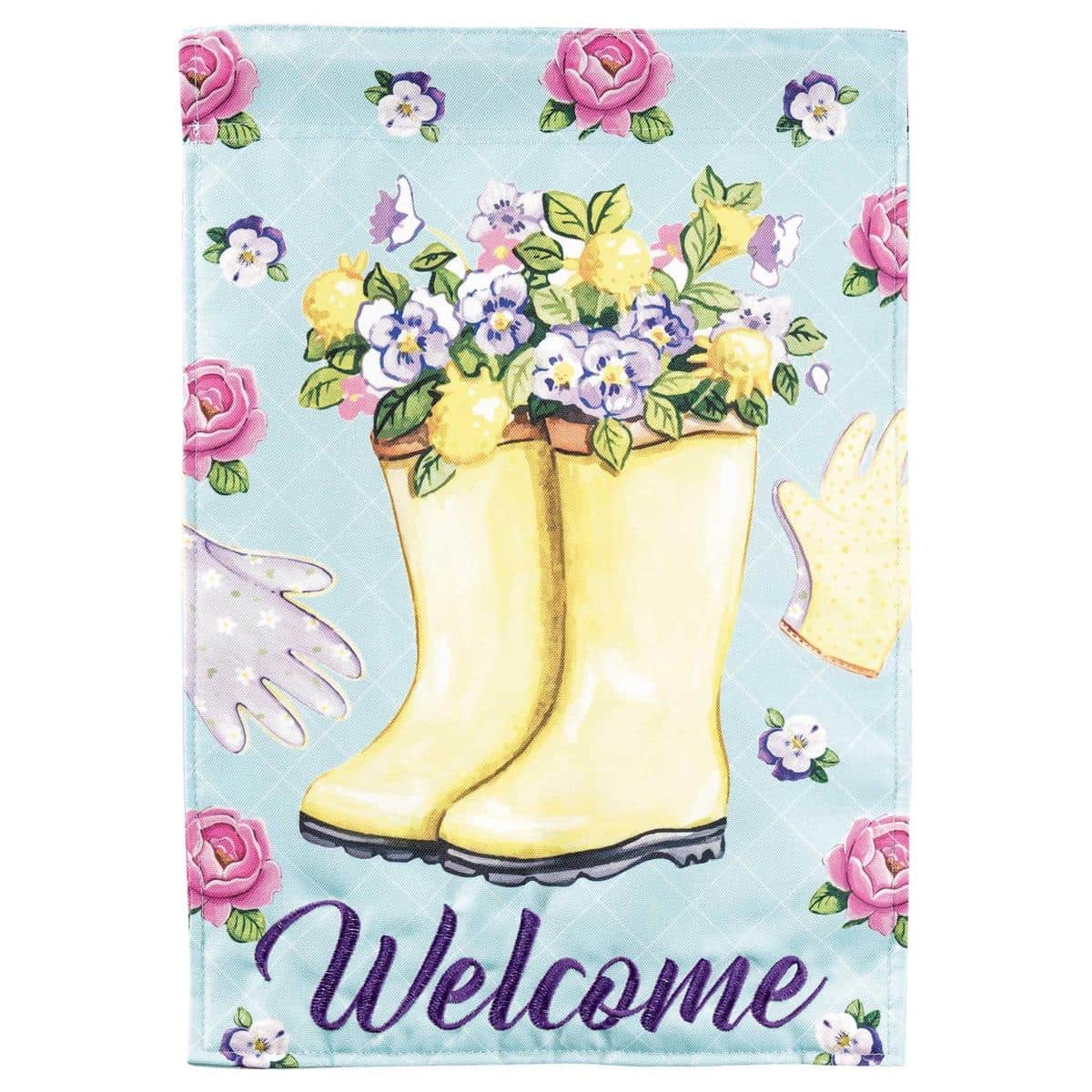 InspireFlowr Floral Welcome Rain Boots 13x18 double-applique garden flag with colorful blooms in boots, two-sided readable yard and porch flag