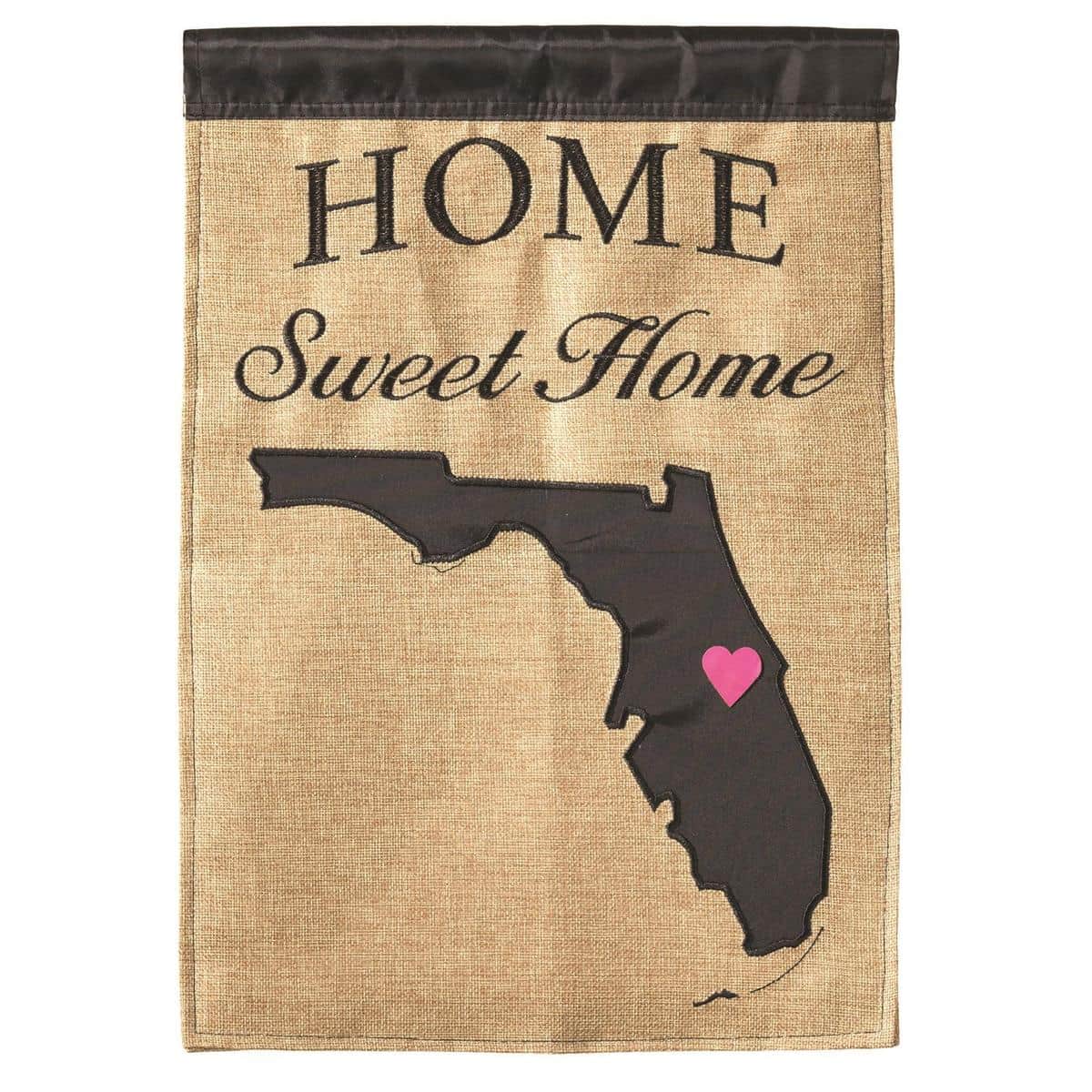 13x18 Florida burlap garden flag with layered double applique artwork and top sleeve displayed on a garden stand along a porch walkway