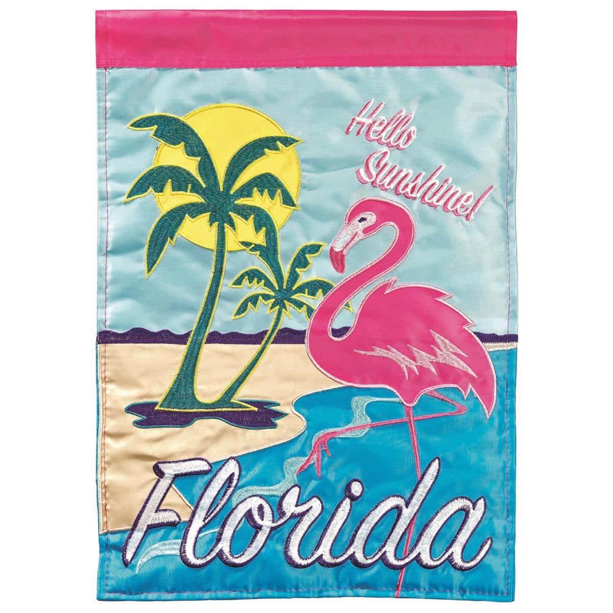 Flamingo garden flag on a 13x18 double applique fabric panel featuring a pink flamingo, coastal foliage accents, and a reinforced sleeve for display on a garden flag stand.