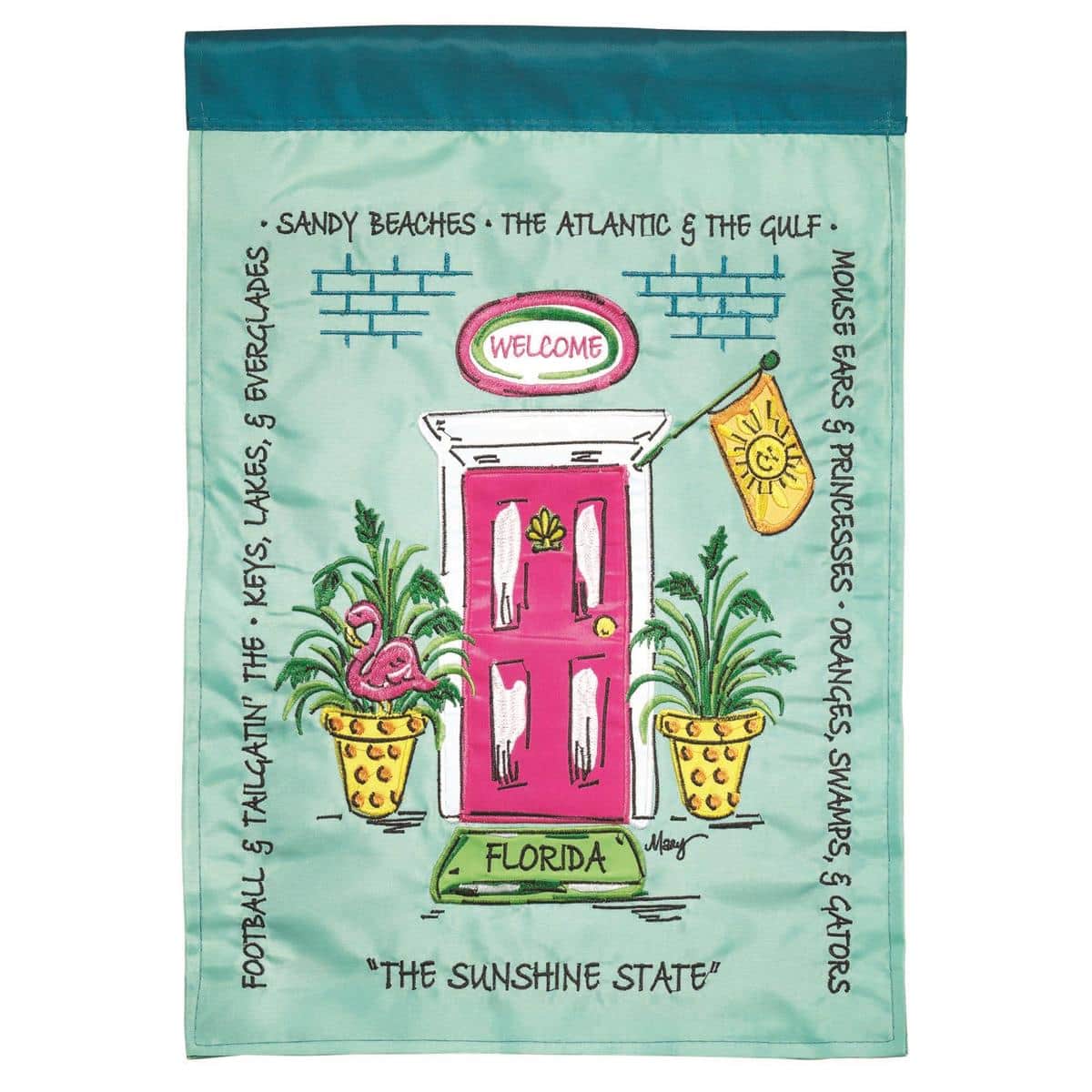 13x18 Florida front door garden flag showing layered double applique palm fronds, flamingo and citrus design hanging on a porch flag holder ready for display