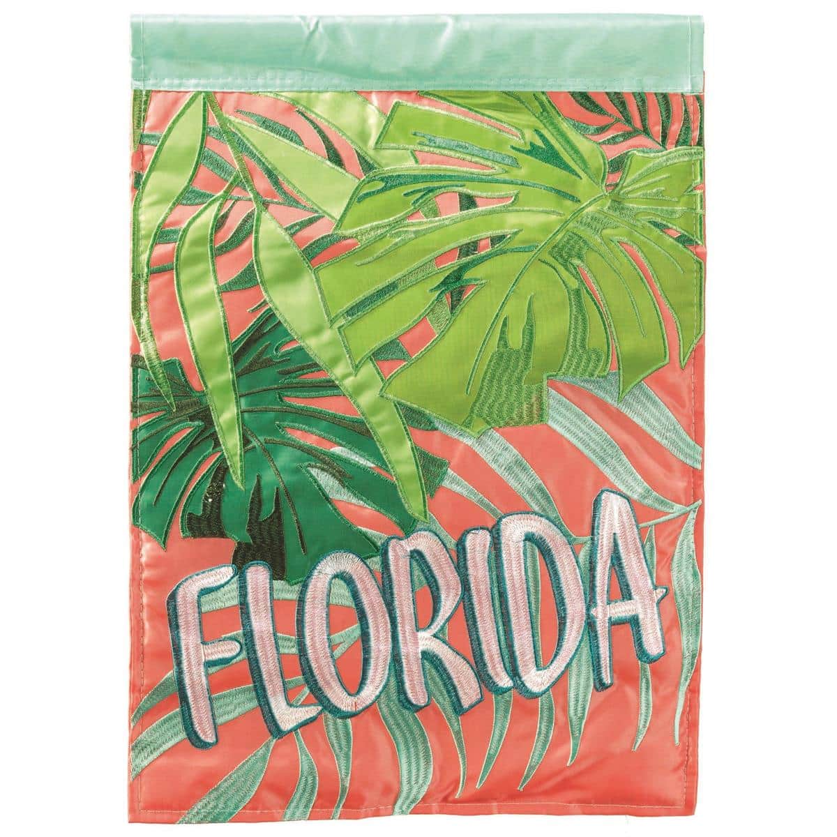 13x18 Florida Palms double applique garden flag with green palm silhouettes on turquoise background, reinforced sleeve for garden pole and durable outdoor polyester fabric.