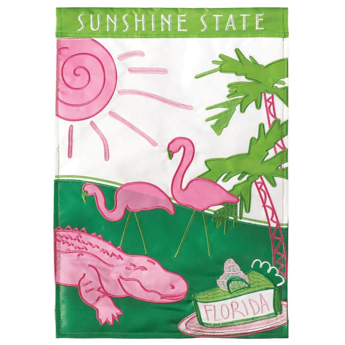13x18 Florida Sunshine State garden flag in double applique style featuring bright sun and palm motifs on a compact yard flag format