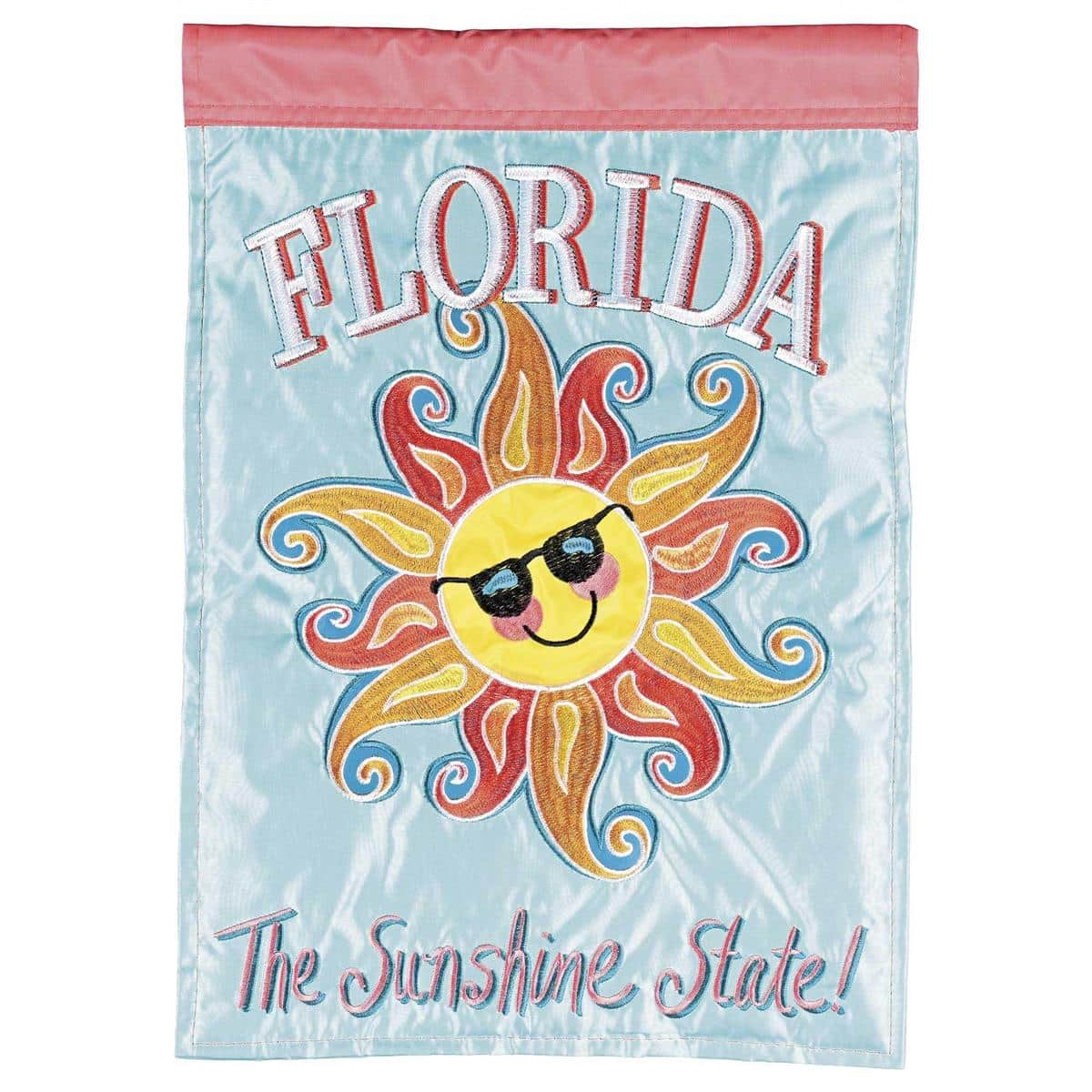 13x18 Florida Sunshine State garden flag with double applique showing state outline and sun graphic on a green background mounted on a garden flag pole.
