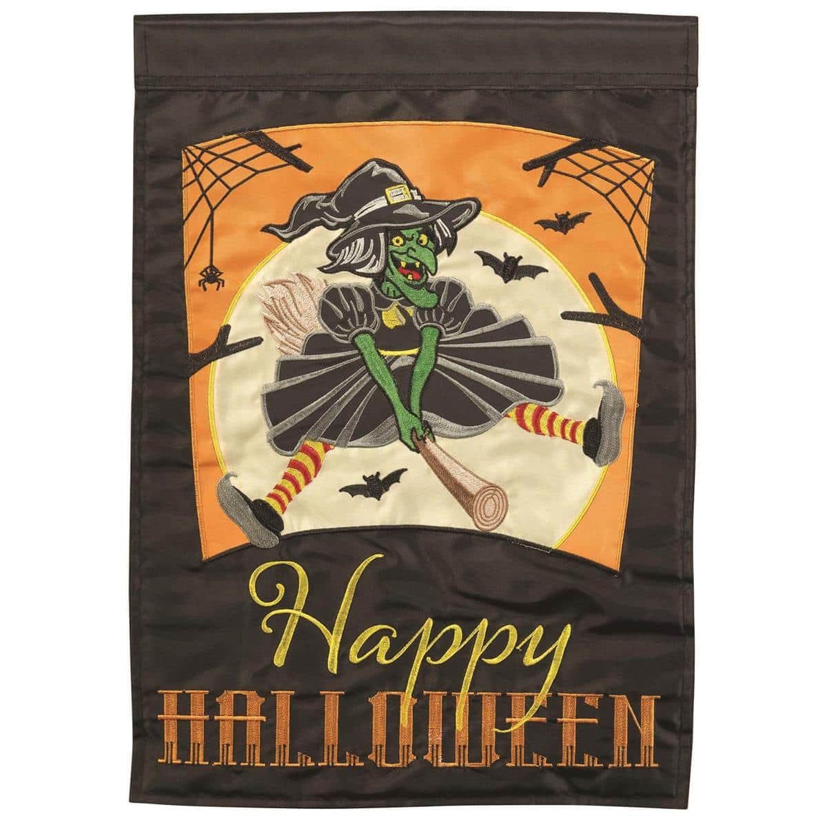 13x18 Flying Witch Happy Halloween garden flag double applique with smiling witch on broom, moonlit sky, and bold lettering in orange and black outdoor decor