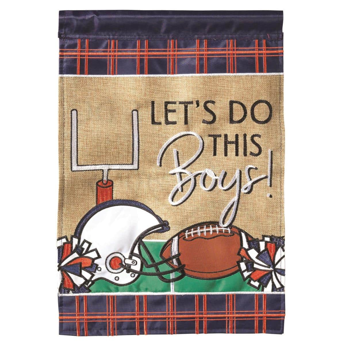 Navy and orange football double applique garden flag, 13x18 inches, two sided with stitched laces, hanging from a standard stand in a front yard setting