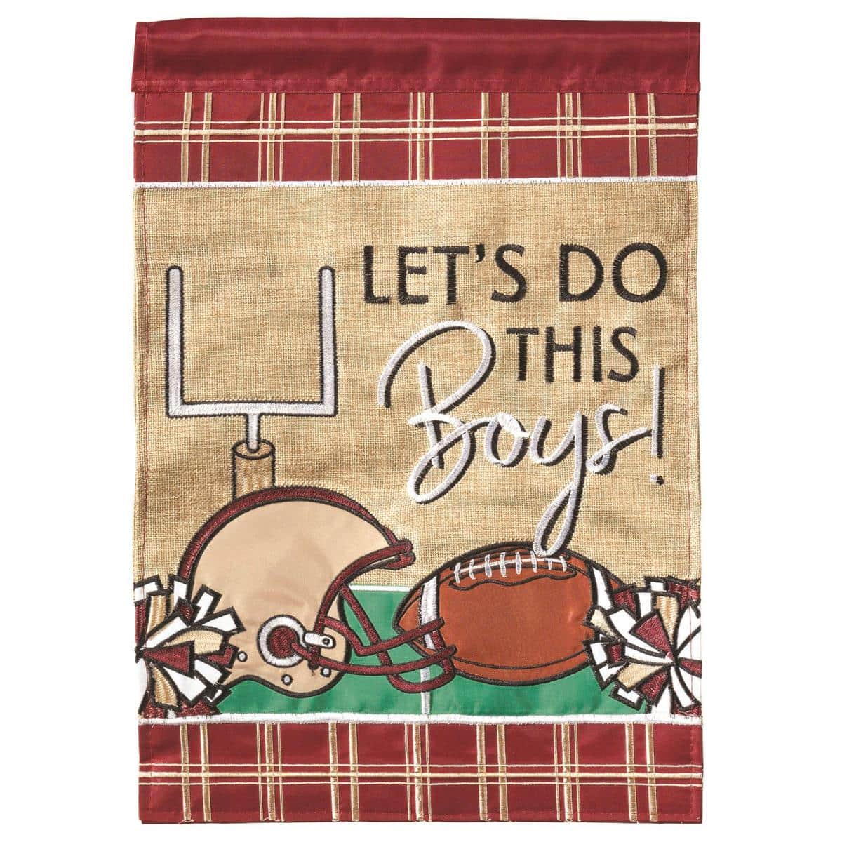 13x18 garden flag with garnet background, gold football motif and FS lettering in double-applique stitching mounted on a short flag pole in a green lawn setting.
