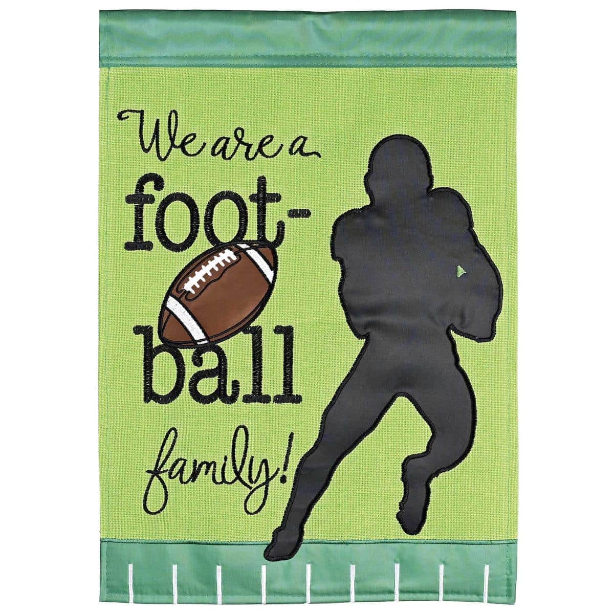 Front view of a Football Family Silhouette double applique flag showing a silhouetted family and football icon in bold contrast, perfect for porches, tailgates, and yard displays.