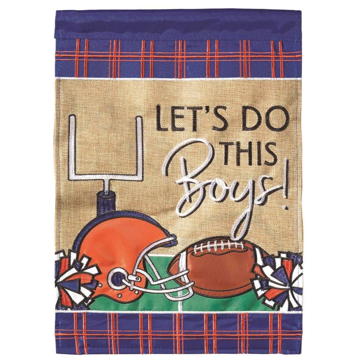 13x18 garden flag featuring blue and orange Florida football motif with double applique stitching, designed to fit standard garden flag poles and outdoor displays.