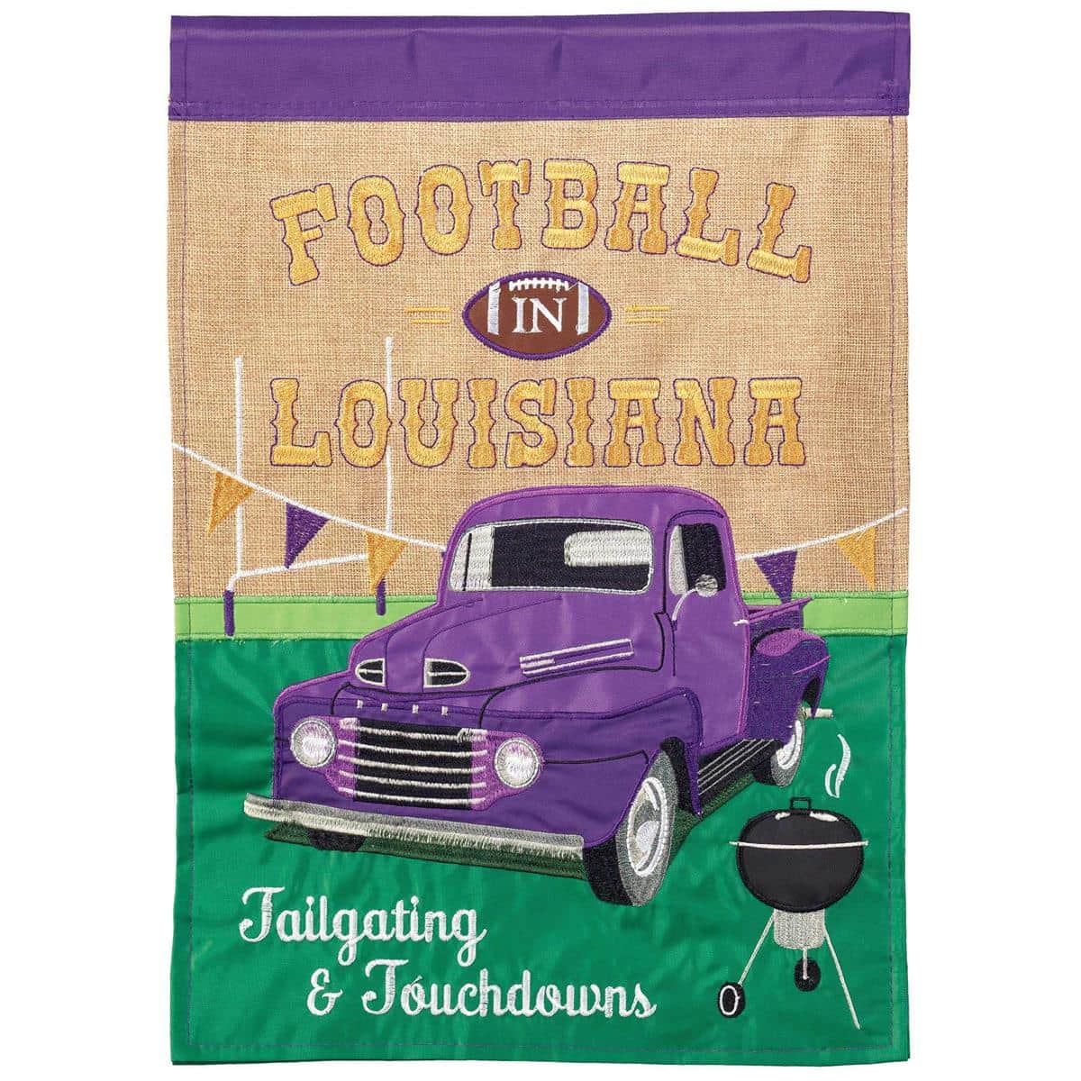 Purple 13x18 burlap garden flag with LA football graphic, double applique stitching and team-inspired helmet and football emblem for yard or porch display.
