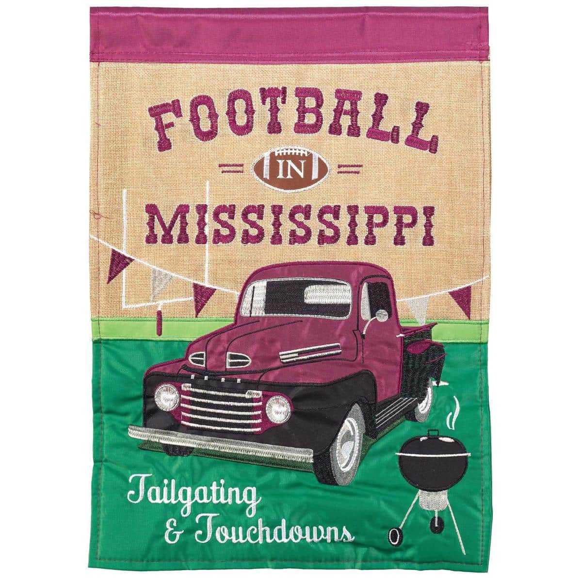 Double applique football garden flag in MS maroon, 13x18 inches, two sided design on weather resistant fabric displayed on a standard yard stand