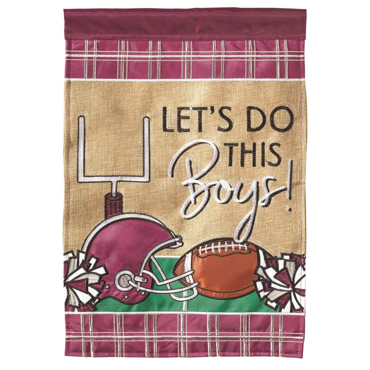 Maroon and gray football garden flag 13x18 with double applique detailing, showing a bold football motif and contrasting stripes for outdoor display on porches, pathways, and gardens.