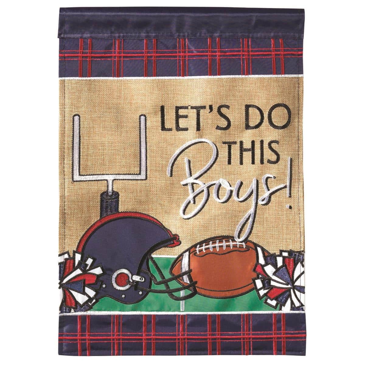 13x18 double applique garden flag featuring navy and red football graphic, reinforced sleeve for standard garden flagpole, ideal for game day yard display and tailgates