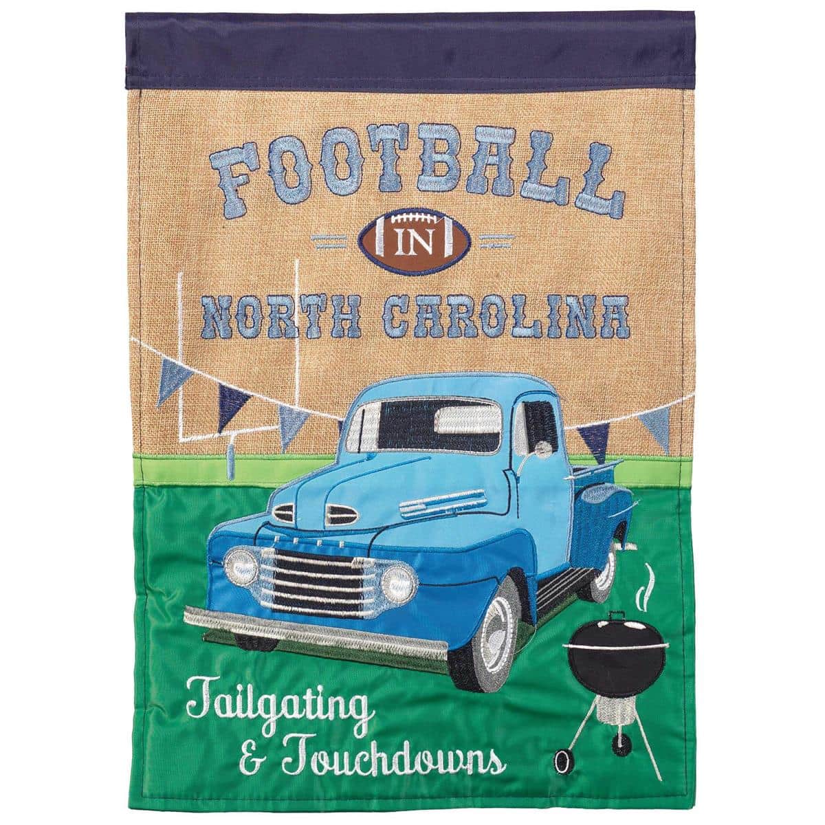Blue and white North Carolina football garden flag 13x18 double applique showing a football silhouette and bold NC lettering in classic team colors for small outdoor displays.