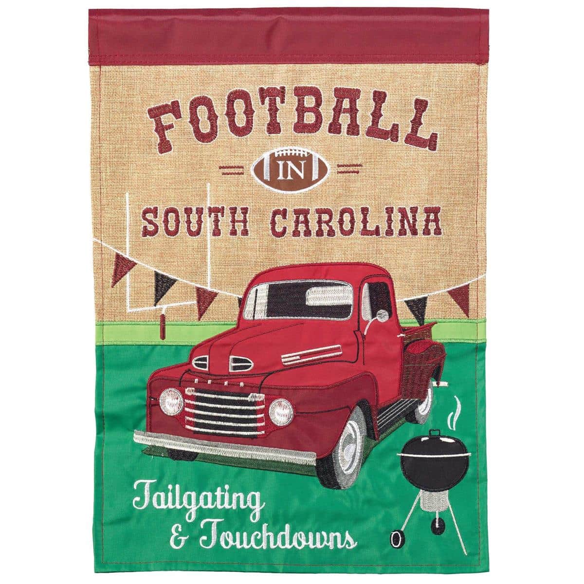 Garnet and black double applique garden flag with a football inside the South Carolina silhouette, 13x18 inches, two sided, shown on a metal garden stand.