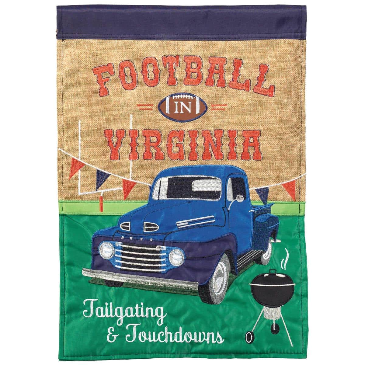 13x18 navy burlap double applique garden flag showing Virginia football theme, two sided design, weather ready fabric, top sleeve on a standard metal stand.
