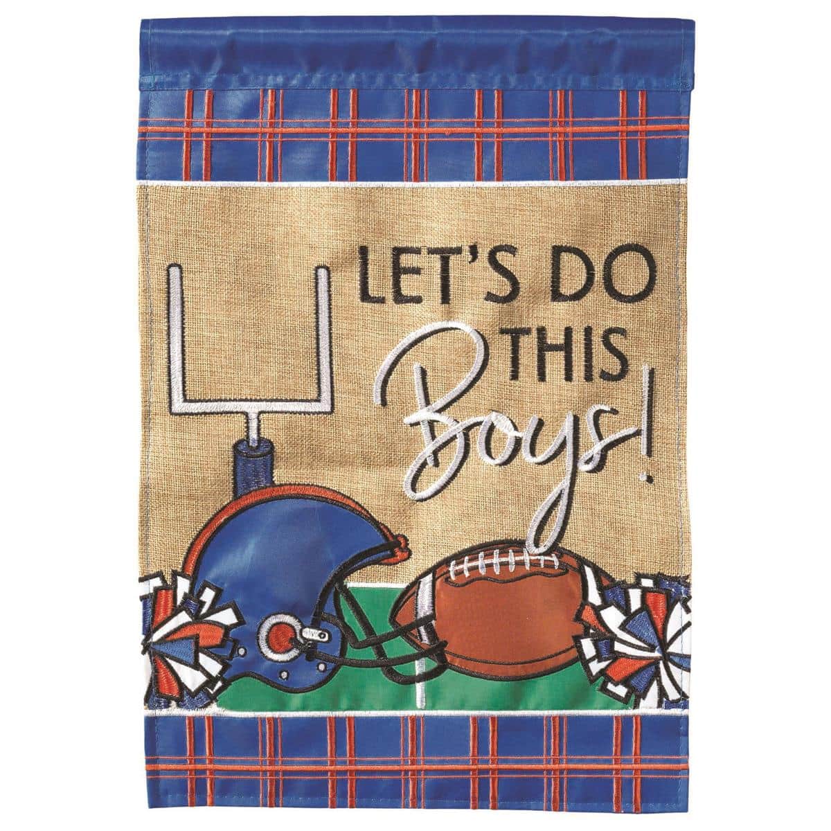 Navy and orange 13x18 Football In VA garden flag with double applique football design over a Virginia-inspired motif, ideal for porches, tailgates, and yard displays.