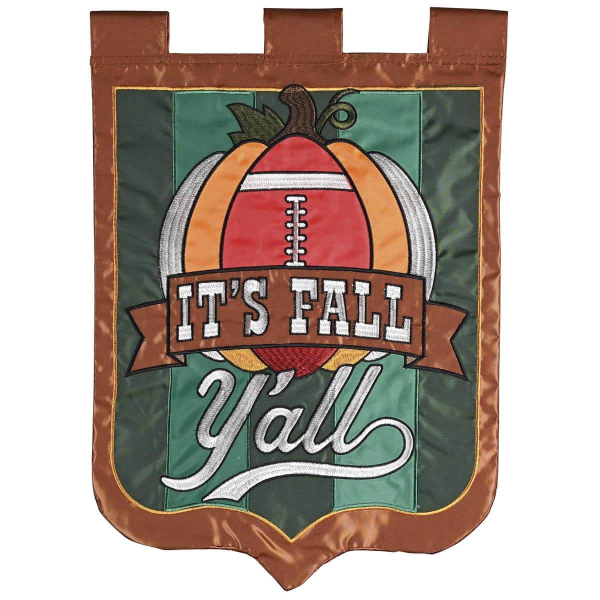 13x18 Football Its Fall YAll double applique garden flag featuring football artwork and fall colors displayed on a standard stand by a front porch.