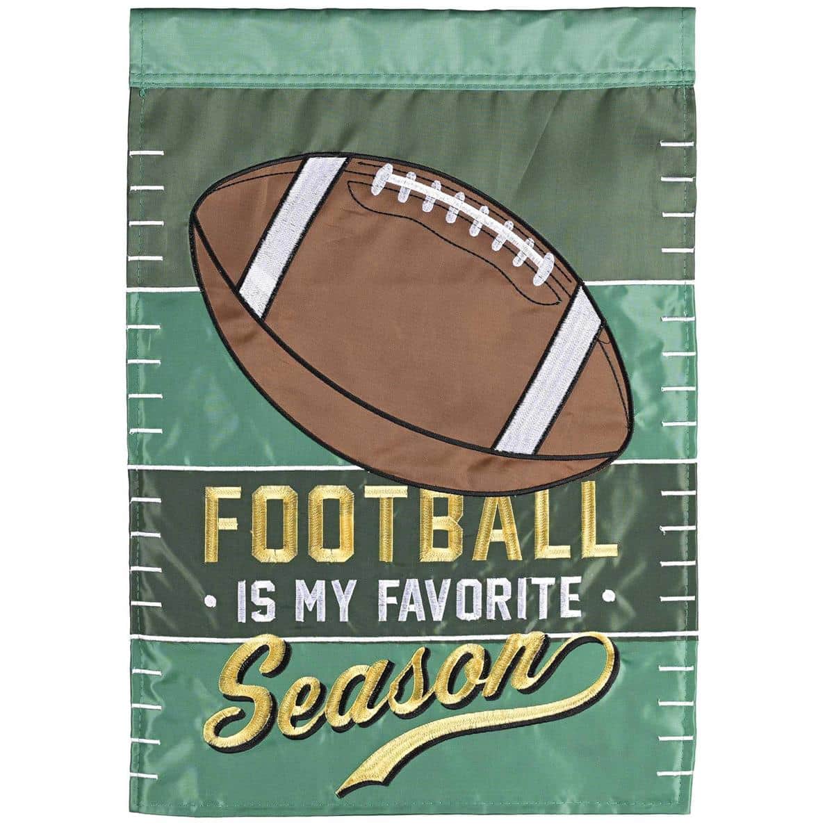 Football My Favorite Season double applique flag showing stitched laces and layered text, two-sided for outdoor display on porches, yards, patios, or tailgates