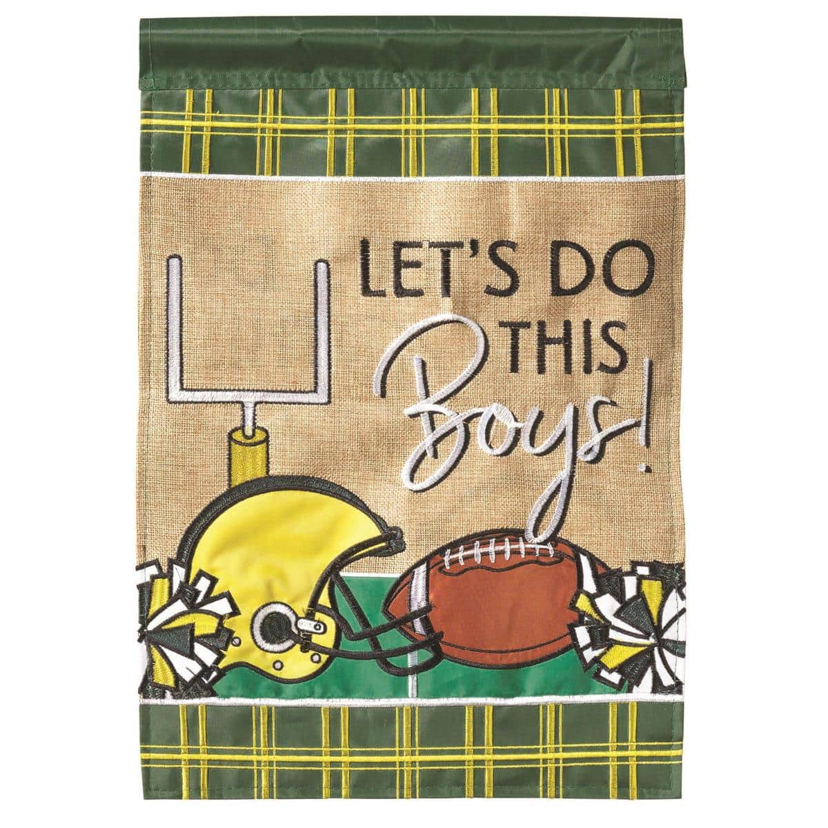 13x18 navy and orange football garden flag with double applique layers, reinforced pole sleeve and stitching, ideal for porches, driveways, and tailgate displays during football season