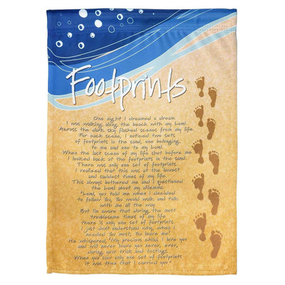 Main image of 13x18 Footprints garden flag hanging from a decorative metal yard pole showing a sandy footprint motif and calm beach-inspired tones in a green garden setting.