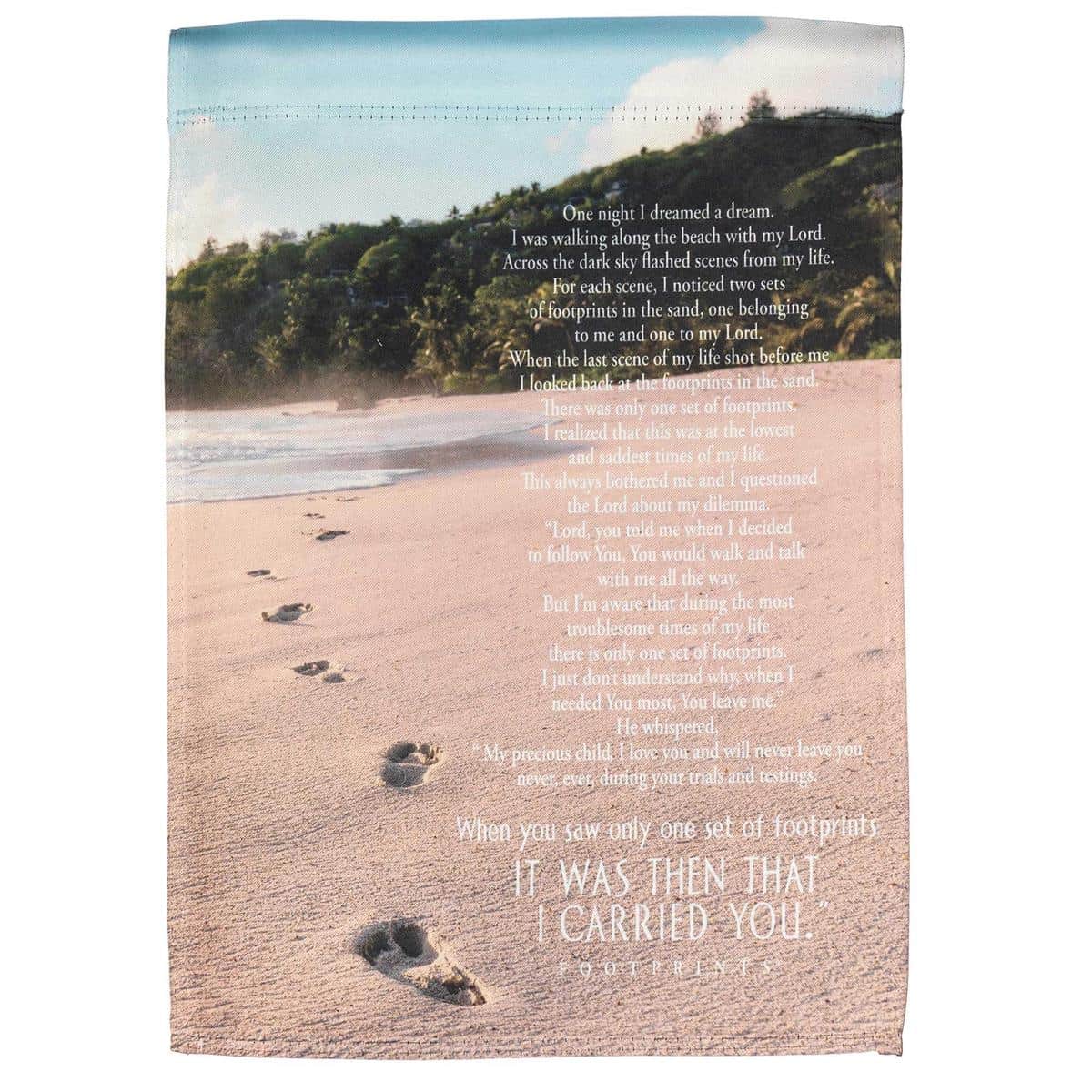 13x18 printed garden flag with footprints and tree silhouettes forming an inspirational nature motif, ready to display on a standard garden flag pole for porch or yard.