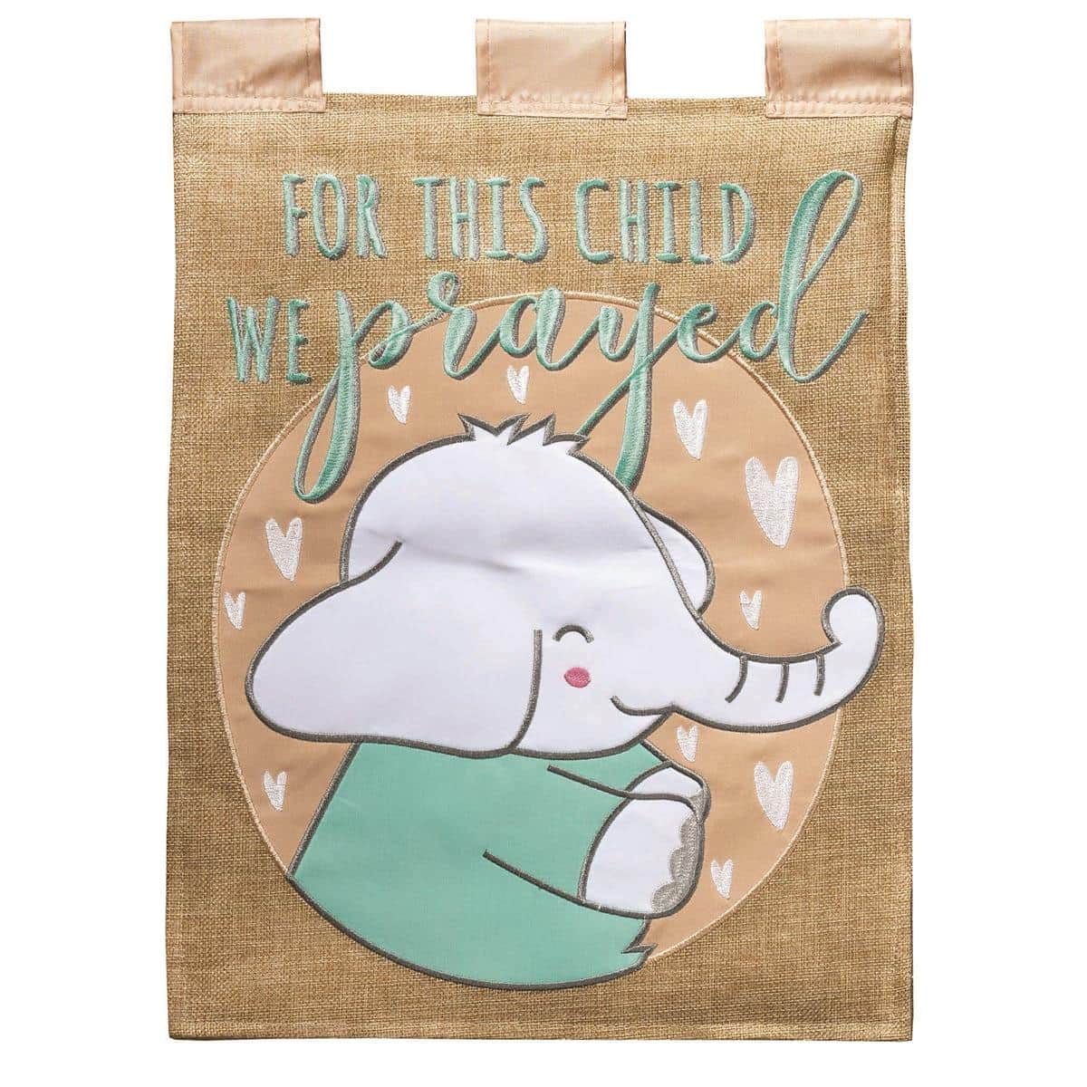 Alt text for the main product image: 13x18 burlap garden flag reading "For This Child We" with double applique lettering and delicate embroidered accents displayed on a garden stand