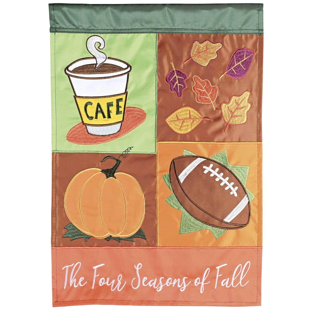 13x18 double-applique fall garden flag featuring rich autumn leaves and harvest accents on durable outdoor fabric for porch, patio, or small yard display.