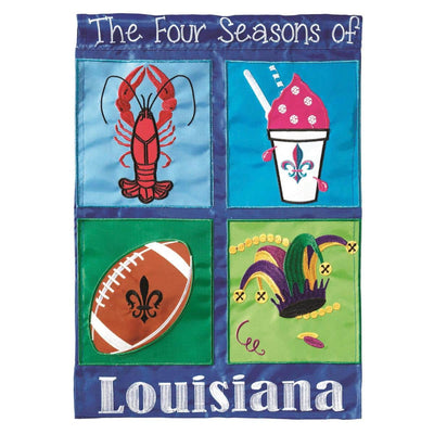 Four Seasons of Louisiana 29x42 double applique banner flag showing seasonal Louisiana scenes with state outline and colorful layered fabric design for porch display