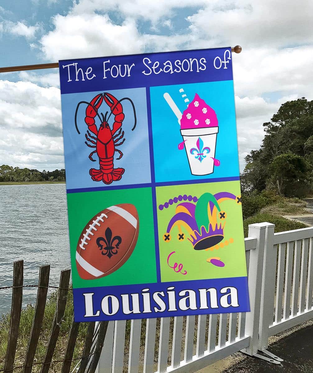 Four Seasons of Louisiana 29x42 double applique banner flag showing seasonal Louisiana scenes with state outline and colorful layered fabric design for porch display