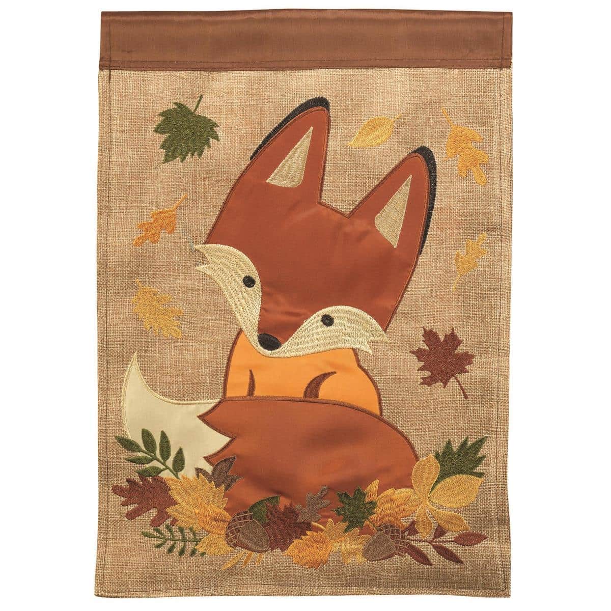 Autumn garden flag with a friendly red fox among pumpkins and falling leaves, 13x18 double applique design on durable fabric ideal for porches, yards, and seasonal displays.