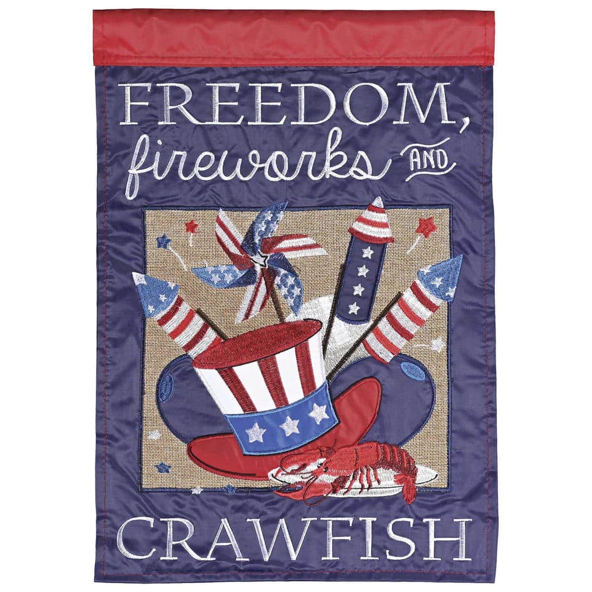 13x18 Freedom Fireworks Crawfish garden flag showing a red crawfish silhouette with blue and red fireworks and star accents, double applique texture and stitched detail, displayed on a porch flagpole.