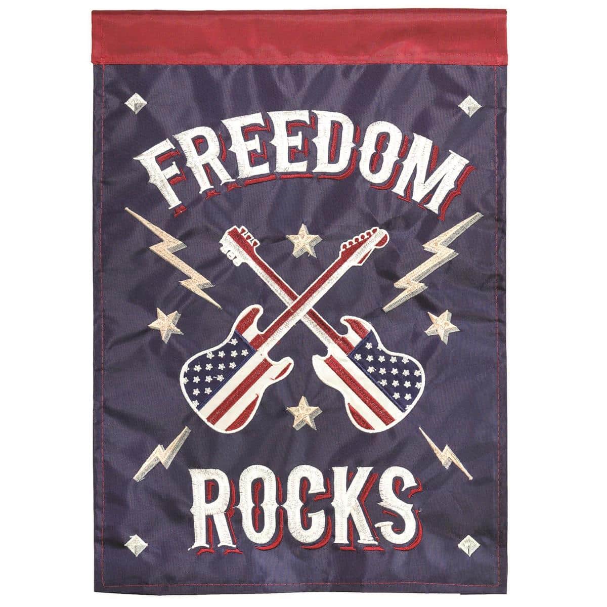 Patriotic Freedom Rocks 13x18 double applique garden flag showing bold red white and blue patriotic motifs with layered fabric textures for depth and long-lasting outdoor display on a garden pole.