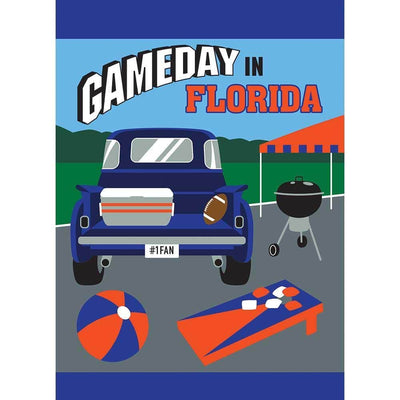 13x18 double applique garden flag in Florida blue and orange with game day design, two sided and durable, displayed on a standard metal garden stand