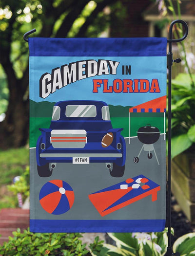 13x18 double applique garden flag in Florida blue and orange with game day design, two sided and durable, displayed on a standard metal garden stand