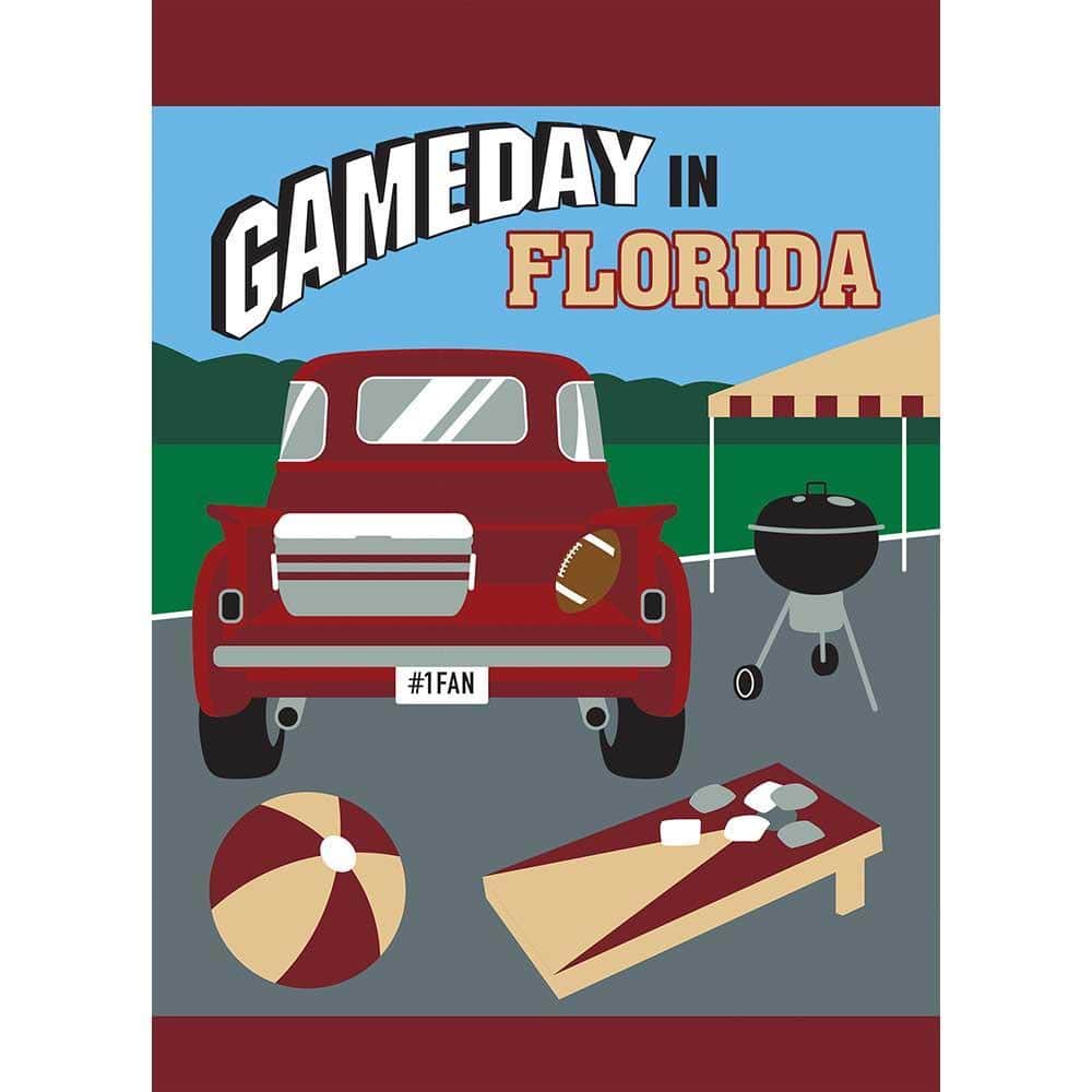 13x18 Gameday Florida garnet and gold garden flag with appliqued design shown on a porch pole, highlighting bold team colors and layered stitch detail.