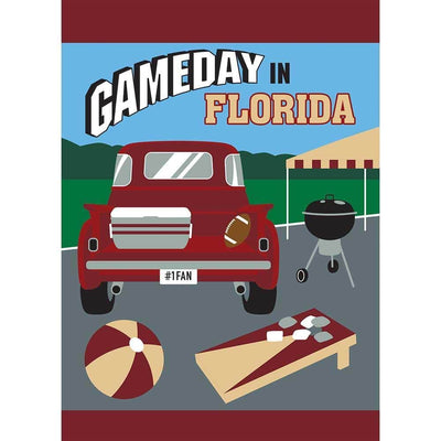 13x18 Gameday Florida garnet and gold garden flag with appliqued design shown on a porch pole, highlighting bold team colors and layered stitch detail.