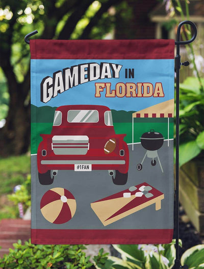 13x18 Gameday Florida garnet and gold garden flag with appliqued design shown on a porch pole, highlighting bold team colors and layered stitch detail.