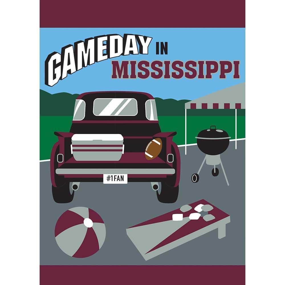 Gameday Mississippi Maroon Grey flag on a pole displaying maroon and grey double applique team colors for tailgates and porch decor