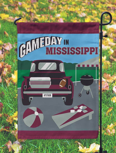 Gameday Mississippi Maroon Grey flag on a pole displaying maroon and grey double applique team colors for tailgates and porch decor