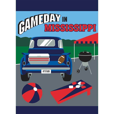 13x18 Gameday Mississippi garden flag in navy and red with double applique design shown mounted on a metal yard pole in a grassy front yard setting.