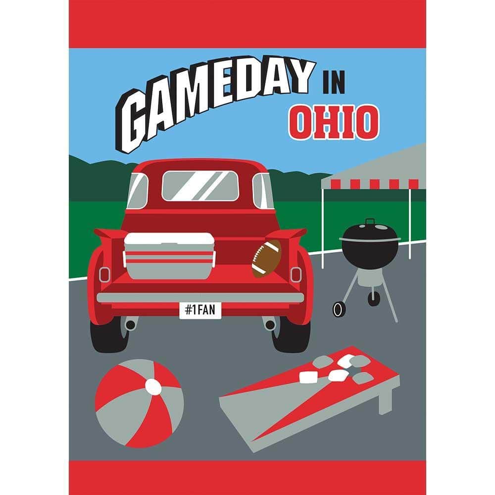 Gameday Ohio 13x18 red and grey double applique garden flag hanging on a small garden pole in a front yard, showing bold team colors, layered applique texture, and neat hemmed edges.