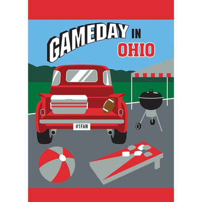 Gameday Ohio 13x18 red and grey double applique garden flag hanging on a small garden pole in a front yard, showing bold team colors, layered applique texture, and neat hemmed edges.