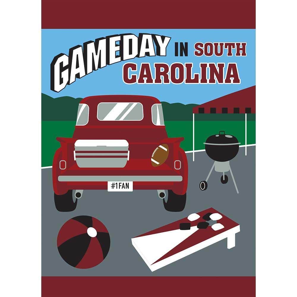 13x18 garnet game day garden flag with double applique layered design displayed on a porch pole showing bold color and textured team-style graphics.